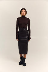 Faux leather midi skirt, chocolate