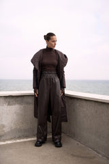 Faux leather elastic-waist trousers, chocolate